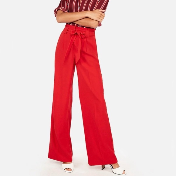 Express Pants - Express High-Waist Red Wide-Leg Pants with Tie Belt